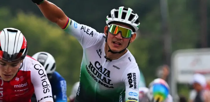 AUZANCES, FRANCE - AUGUST 13: Orluis Aular of Colombia and Team Caja Rural-Seguros RGA celebrates at finish line as stage winner during the 57th Tour du Limousin - Nouvelle Aquitaine 2024, Stage 1 a 174km stage from Boisseuil to Auzances on August 13, 2024 in Auzances, France. (Photo by Billy Ceusters/Getty Images)